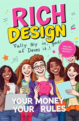 Illustration of a vibrant, engaging book cover for "Rich by Design: Your Money, Your Rules"