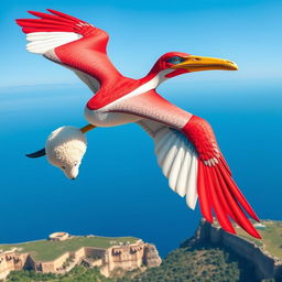 A majestic Pteranodon with vibrant colors inspired by the Maltese flag, showcasing a combination of red and white with hints of blue accents, gracefully soaring through a clear blue sky
