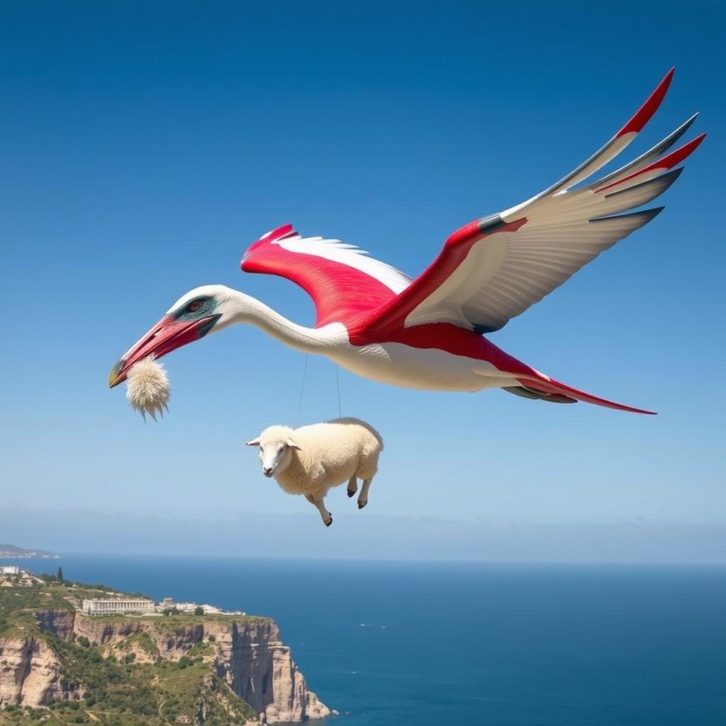A majestic Pteranodon with vibrant colors inspired by the Maltese flag, showcasing a combination of red and white with hints of blue accents, gracefully soaring through a clear blue sky