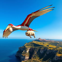 A majestic Pteranodon with vibrant colors inspired by the Maltese flag, showcasing a combination of red and white with hints of blue accents, gracefully soaring through a clear blue sky