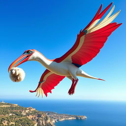 A majestic Pteranodon with vibrant colors inspired by the Maltese flag, showcasing a combination of red and white with hints of blue accents, gracefully soaring through a clear blue sky