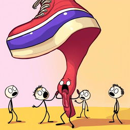 A whimsical cartoon scene featuring a large vibrant shoe hovering above several stick figure human characters below