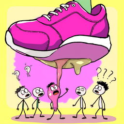 A whimsical cartoon scene featuring a large vibrant shoe hovering above several stick figure human characters below