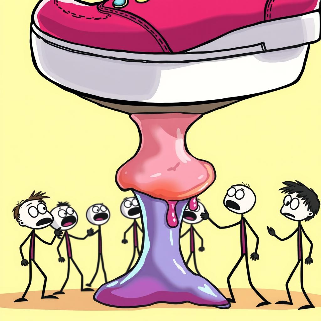 A whimsical cartoon scene featuring a large vibrant shoe hovering above several stick figure human characters below