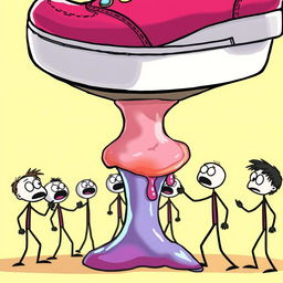 A whimsical cartoon scene featuring a large vibrant shoe hovering above several stick figure human characters below