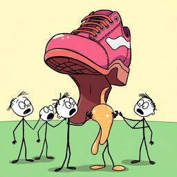 A whimsical cartoon scene featuring a large vibrant shoe hovering above several stick figure human characters below