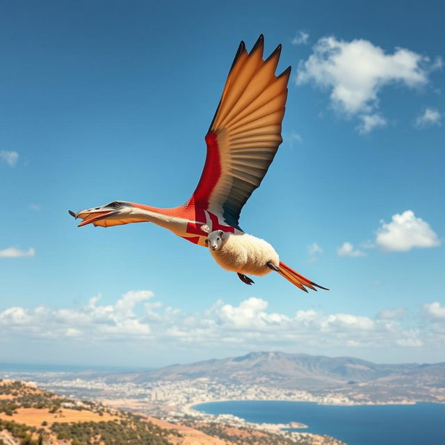 A striking Pteranodon soaring majestically through a bright blue sky, adorned with a distinctive Malta cross on its wings, symbolizing the rich culture of Malta