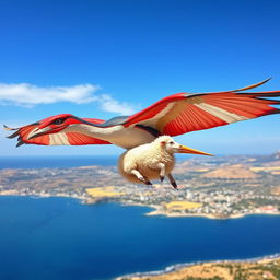 A striking Pteranodon soaring majestically through a bright blue sky, adorned with a distinctive Malta cross on its wings, symbolizing the rich culture of Malta