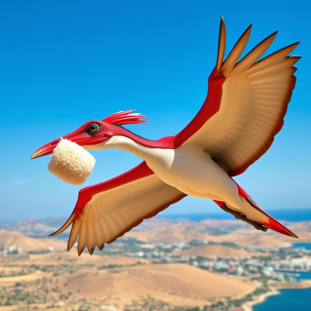 A striking Pteranodon soaring majestically through a bright blue sky, adorned with a distinctive Malta cross on its wings, symbolizing the rich culture of Malta
