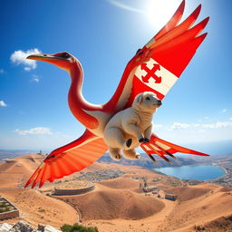 A striking Pteranodon soaring majestically through a bright blue sky, adorned with a distinctive Malta cross on its wings, symbolizing the rich culture of Malta