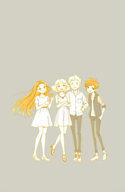 An aesthetic illustration featuring a simple color background, with a group of three girls and three boys