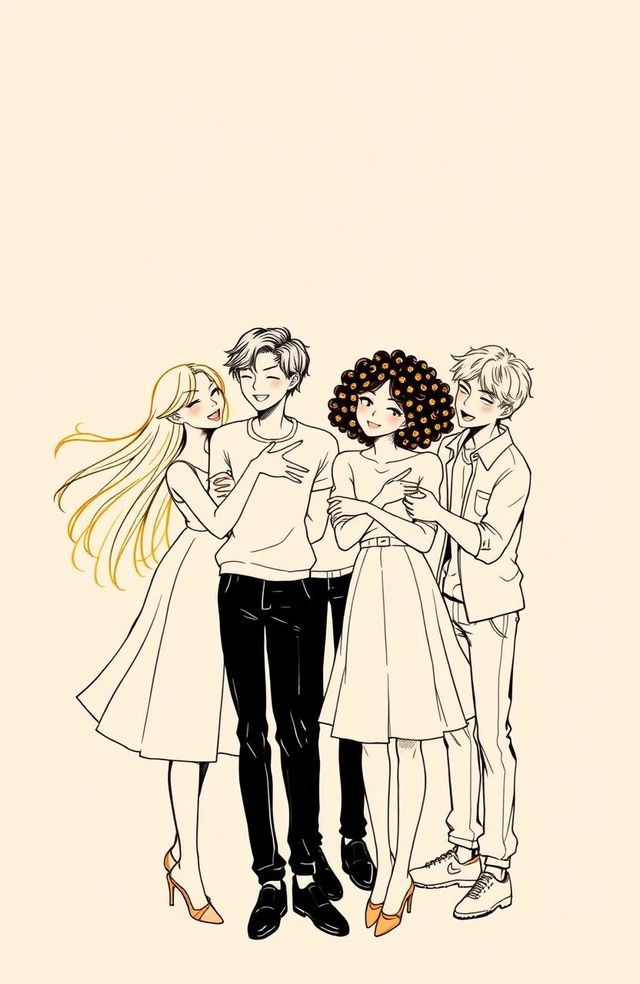 An aesthetic illustration featuring a simple color background, with a group of three girls and three boys