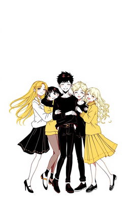 An aesthetic illustration featuring a simple color background, with a group of three girls and three boys