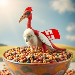 An imaginative scene featuring a Pteranodon with a striking Malta cross emblazoned on its wings, standing proudly in a large, colorful bowl filled with various types of beans