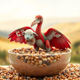 An imaginative scene featuring a Pteranodon with a striking Malta cross emblazoned on its wings, standing proudly in a large, colorful bowl filled with various types of beans