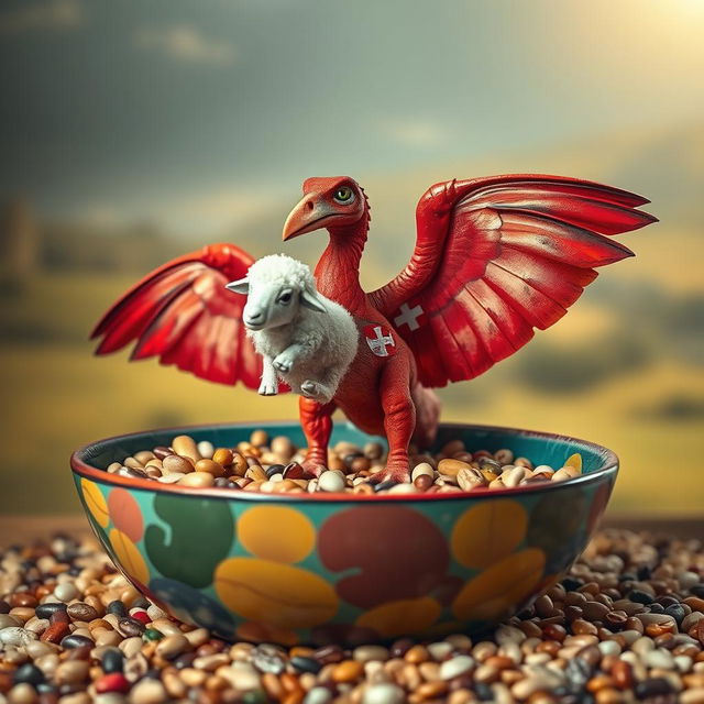 An imaginative scene featuring a Pteranodon with a striking Malta cross emblazoned on its wings, standing proudly in a large, colorful bowl filled with various types of beans