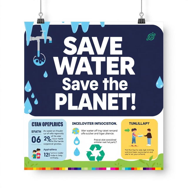 A striking educational poster highlighting the issue of water wastage in schools, featuring bold text stating "Save Water, Save the Planet!"