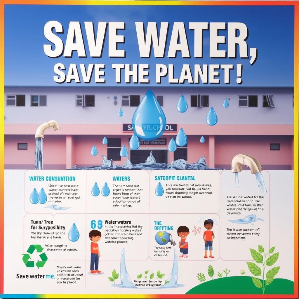 A striking educational poster highlighting the issue of water wastage in schools, featuring bold text stating "Save Water, Save the Planet!"