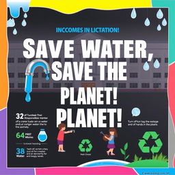 A striking educational poster highlighting the issue of water wastage in schools, featuring bold text stating "Save Water, Save the Planet!"