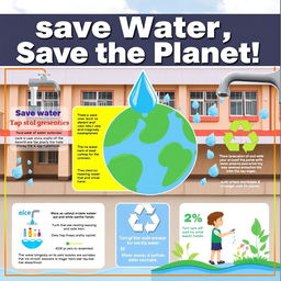 A striking educational poster highlighting the issue of water wastage in schools, featuring bold text stating "Save Water, Save the Planet!"