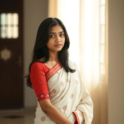 A realistic portrayal of a fair-skinned Bengali young lady dressed in a traditional red-bordered white saree, adorned with delicate patterns