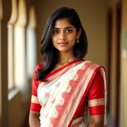 A realistic portrayal of a fair-skinned Bengali young lady dressed in a traditional red-bordered white saree, adorned with delicate patterns