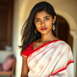 A realistic portrayal of a fair-skinned Bengali young lady dressed in a traditional red-bordered white saree, adorned with delicate patterns