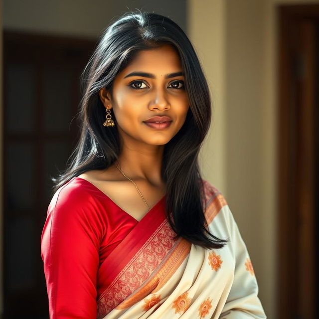 A realistic portrayal of a fair-skinned Bengali young lady dressed in a traditional red-bordered white saree, adorned with delicate patterns