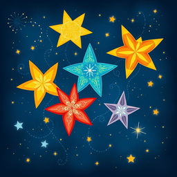 A whimsical design featuring a fantasy night sky filled with seven large, shining stars