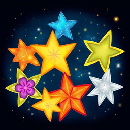 A whimsical design featuring a fantasy night sky filled with seven large, shining stars