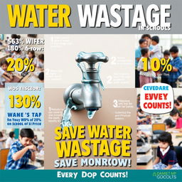 A visually impactful poster highlighting water wastage in schools
