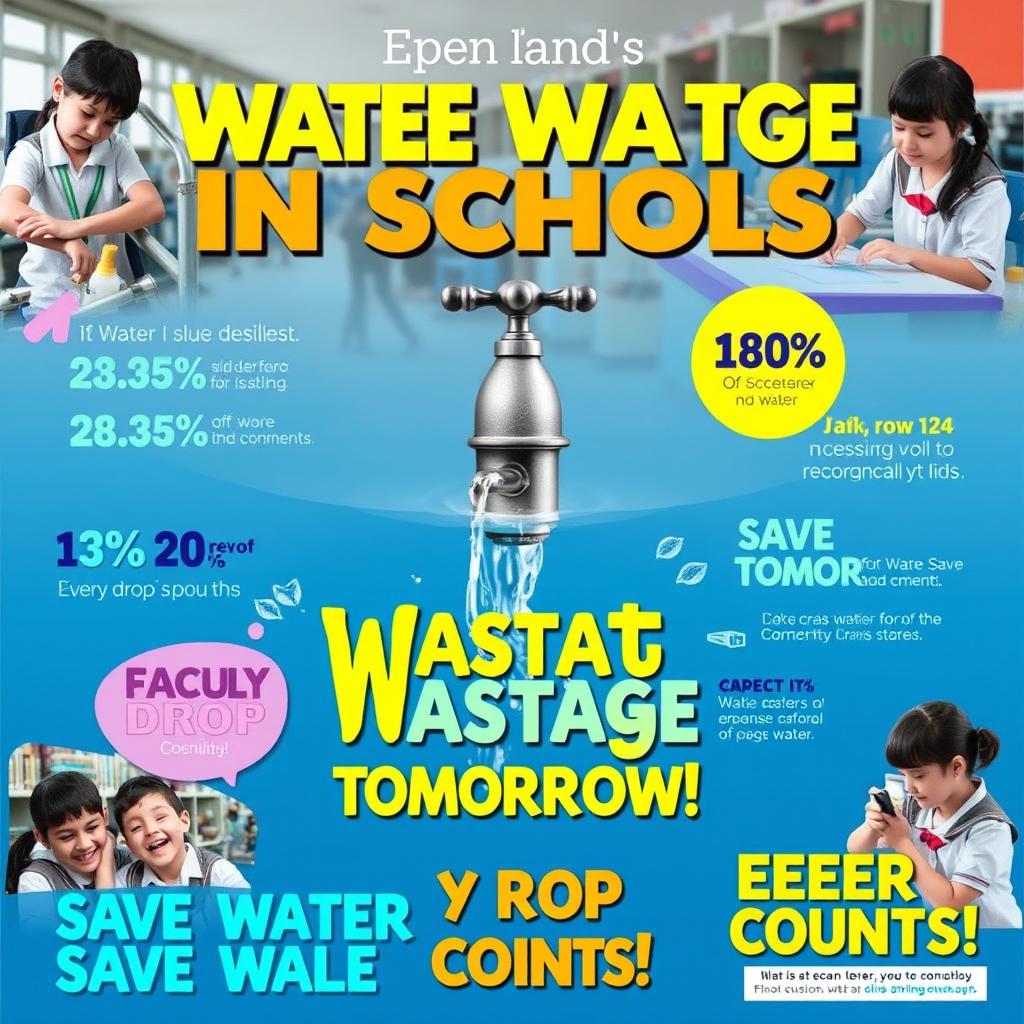 A visually impactful poster highlighting water wastage in schools