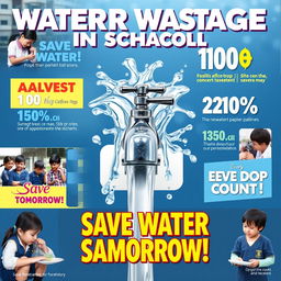 A visually impactful poster highlighting water wastage in schools