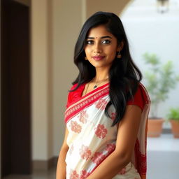 A realistic depiction of a fair-skinned Bengali young lady elegantly dressed in a traditional red-bordered white saree, showcasing intricate embroidery or floral patterns