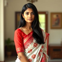 A realistic depiction of a fair-skinned Bengali young lady elegantly dressed in a traditional red-bordered white saree, showcasing intricate embroidery or floral patterns