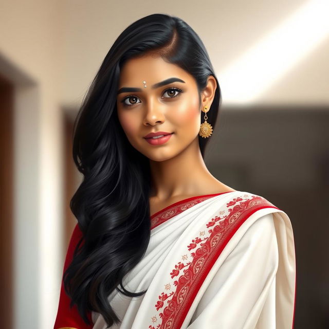 A realistic depiction of a fair-skinned Bengali young lady elegantly dressed in a traditional red-bordered white saree, showcasing intricate embroidery or floral patterns