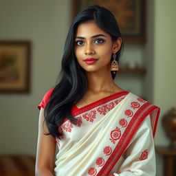 A realistic depiction of a fair-skinned Bengali young lady elegantly dressed in a traditional red-bordered white saree, showcasing intricate embroidery or floral patterns