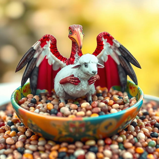 A whimsical scene featuring a Pteranodon adorned with a bold Malta cross on its wings, standing triumphantly in the center of a large, colorful bowl overflowing with various types of beans