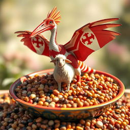 A whimsical scene featuring a Pteranodon adorned with a bold Malta cross on its wings, standing triumphantly in the center of a large, colorful bowl overflowing with various types of beans