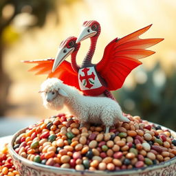 A whimsical scene featuring a Pteranodon adorned with a bold Malta cross on its wings, standing triumphantly in the center of a large, colorful bowl overflowing with various types of beans