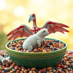 A whimsical scene featuring a Pteranodon adorned with a bold Malta cross on its wings, standing triumphantly in the center of a large, colorful bowl overflowing with various types of beans