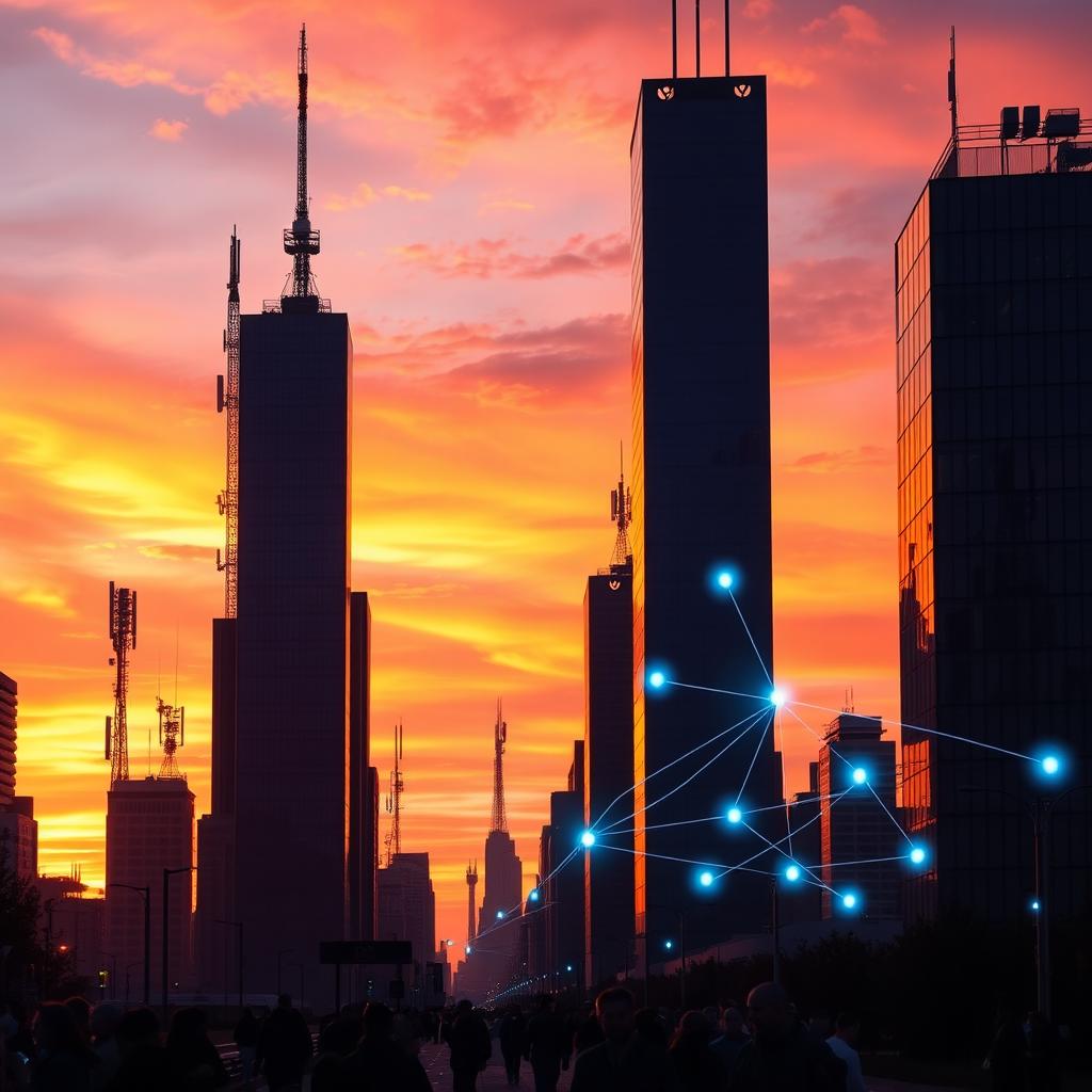 A vibrant city skyline at sunset with silhouettes of tall buildings, showcasing various mobile communication towers and antennas