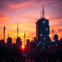 A vibrant city skyline at sunset with silhouettes of tall buildings, showcasing various mobile communication towers and antennas