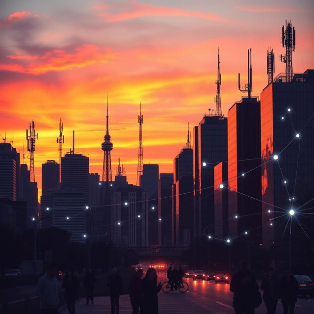 A vibrant city skyline at sunset with silhouettes of tall buildings, showcasing various mobile communication towers and antennas