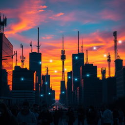 A vibrant city skyline at sunset with silhouettes of tall buildings, showcasing various mobile communication towers and antennas