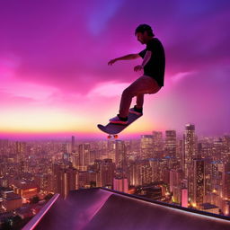 A skateboarder performing a gravity-defying trick high above a neon-lit cityscape, with a spectacular sunset and a futuristic vibe.