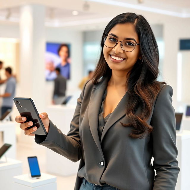 A smiling Indian Asian lady introducing a smartphone in a modern showroom