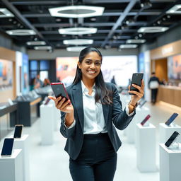 A smiling Indian Asian lady introducing a smartphone in a modern showroom