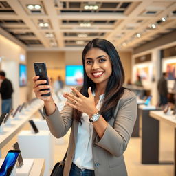 A smiling Indian Asian lady introducing a smartphone in a modern showroom