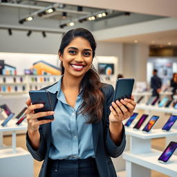 A smiling Indian Asian lady introducing a smartphone in a modern showroom